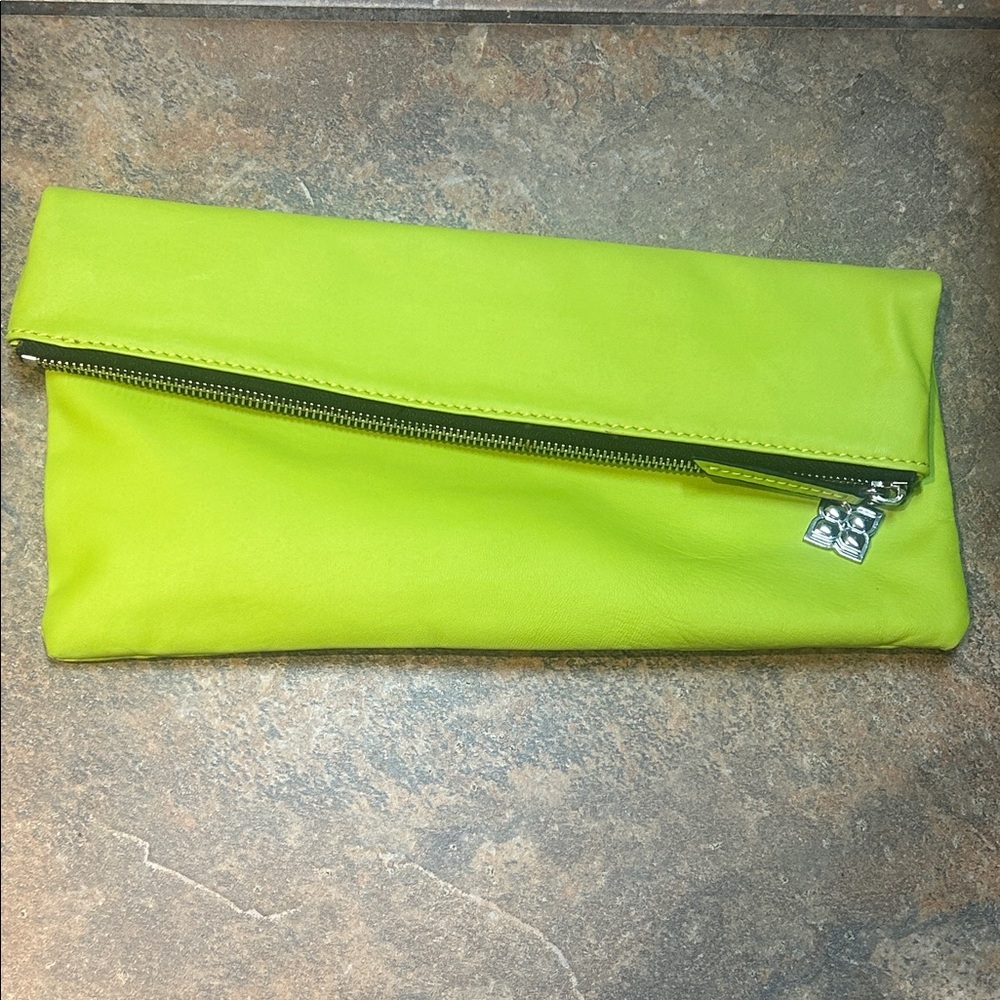 Lime Green fold over Clutch with Silver Zipper BCBG, NWT